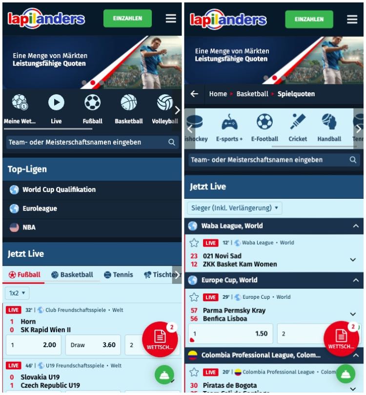 Lapilanders Sportwetten Ansicht mobile Web App